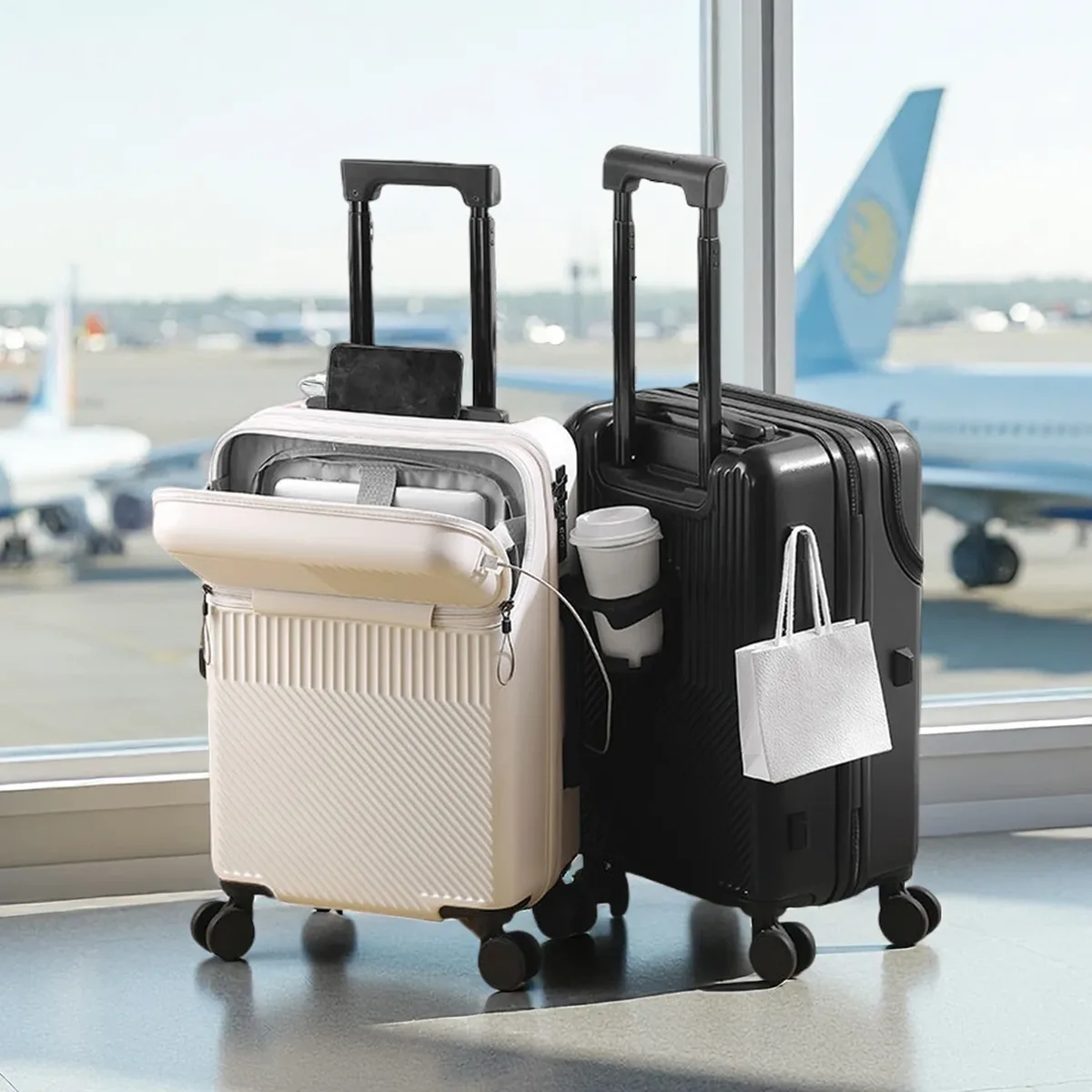 valise multifonctionnelle à ouverture frontale avec fermeture éclair, porte-gobelet, support latéral et crochet de maintien, bagage à roulettes