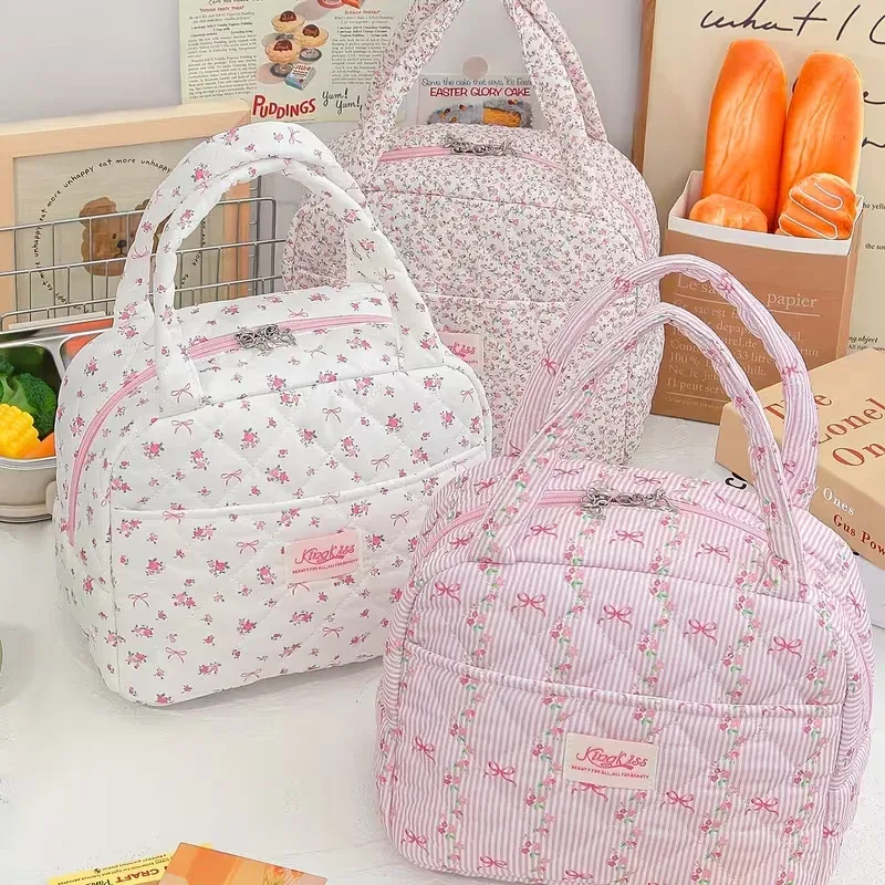 Grande capacité - Sac fourre-tout imprimé de jolies fleurs, fraises et cerises, pour garder les repas au chaud et au froid (non en contact avec les aliments)