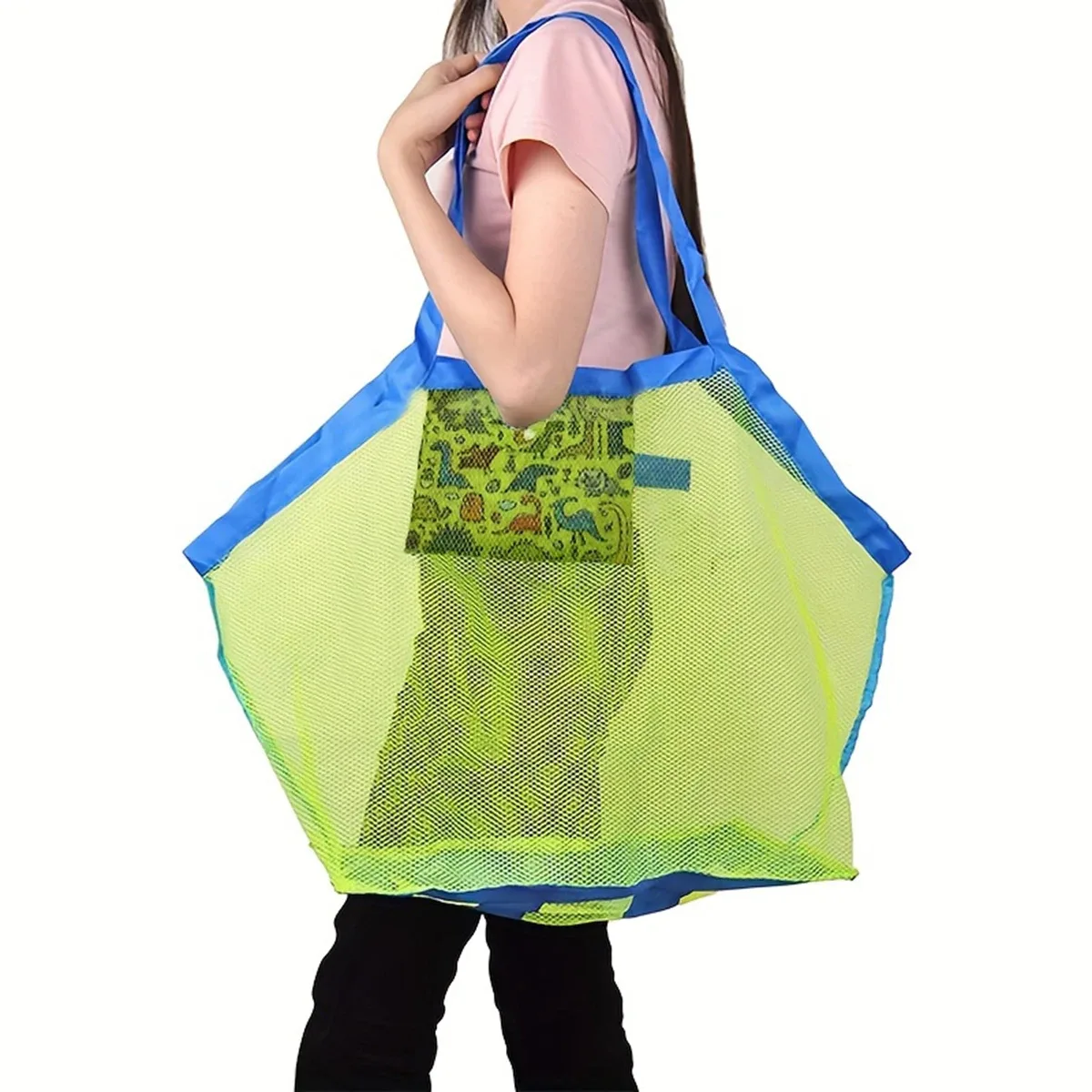 sac de plage en maille multicolore, grand format, anti-sable, sac fourre-tout portable avec trou de suspension pratique, sac de rangement respirant et pliable