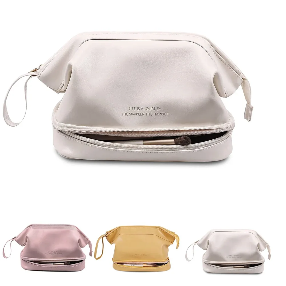 trousse de maquillage en cuir imperméable pour femmes et filles, grande trousse à cosmétiques double couche, trousse de toilette portable, trousse de rangement de maquillage, trousse de voyage