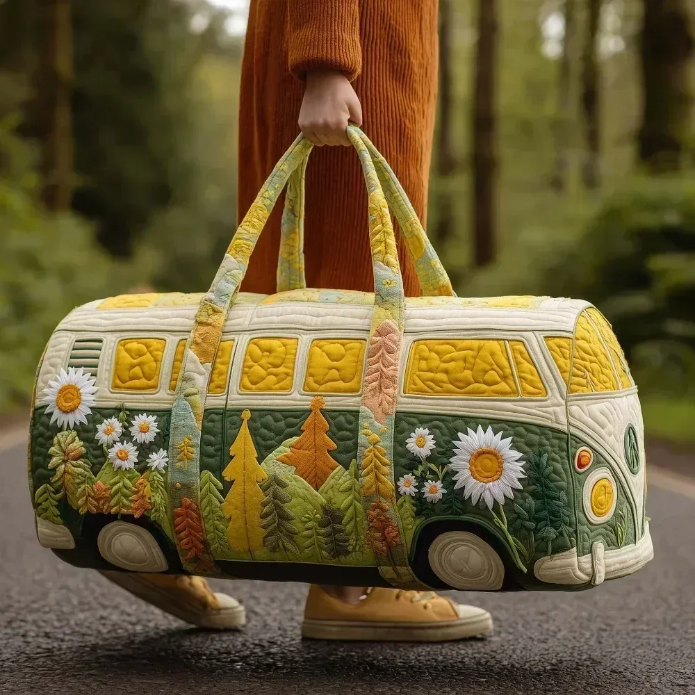 sac voyage polyester fleurs blancs symboles paix texturé poignées tissu sacoche hippie motifs colorés week end polyvalent