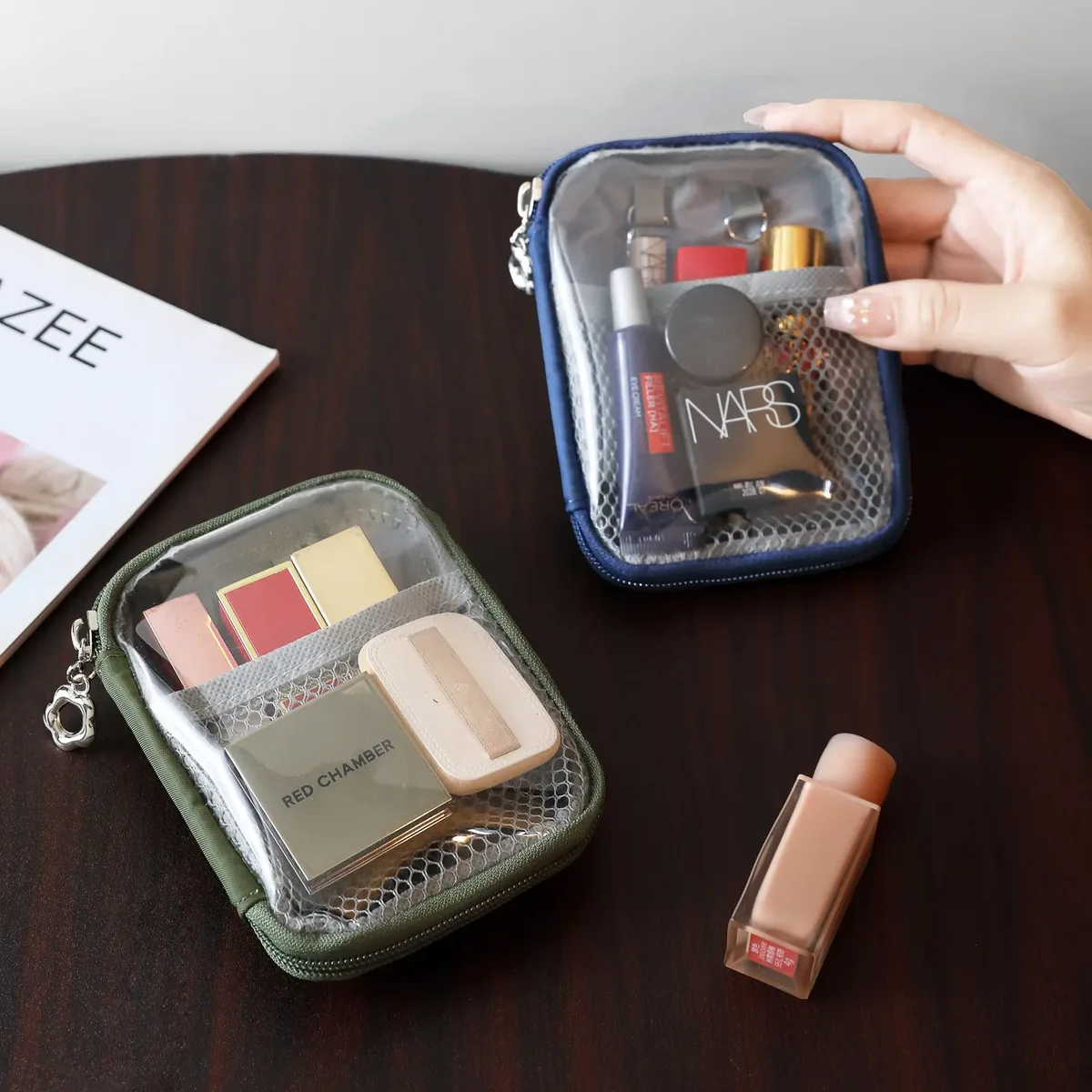 nouveau pochette cosmétique portable transparente pour rouge à lèvres, organisateur de voyage pour casque bluetooth et câble de recharge