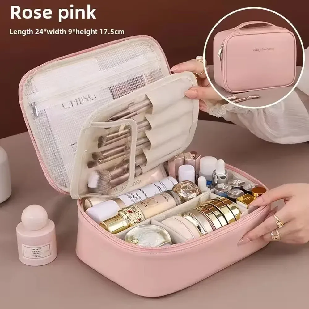 sac à maquillage double couche pour femmes - étui de rangement cosmétique spacieux, idéal pour les voyages et l'usage quotidien