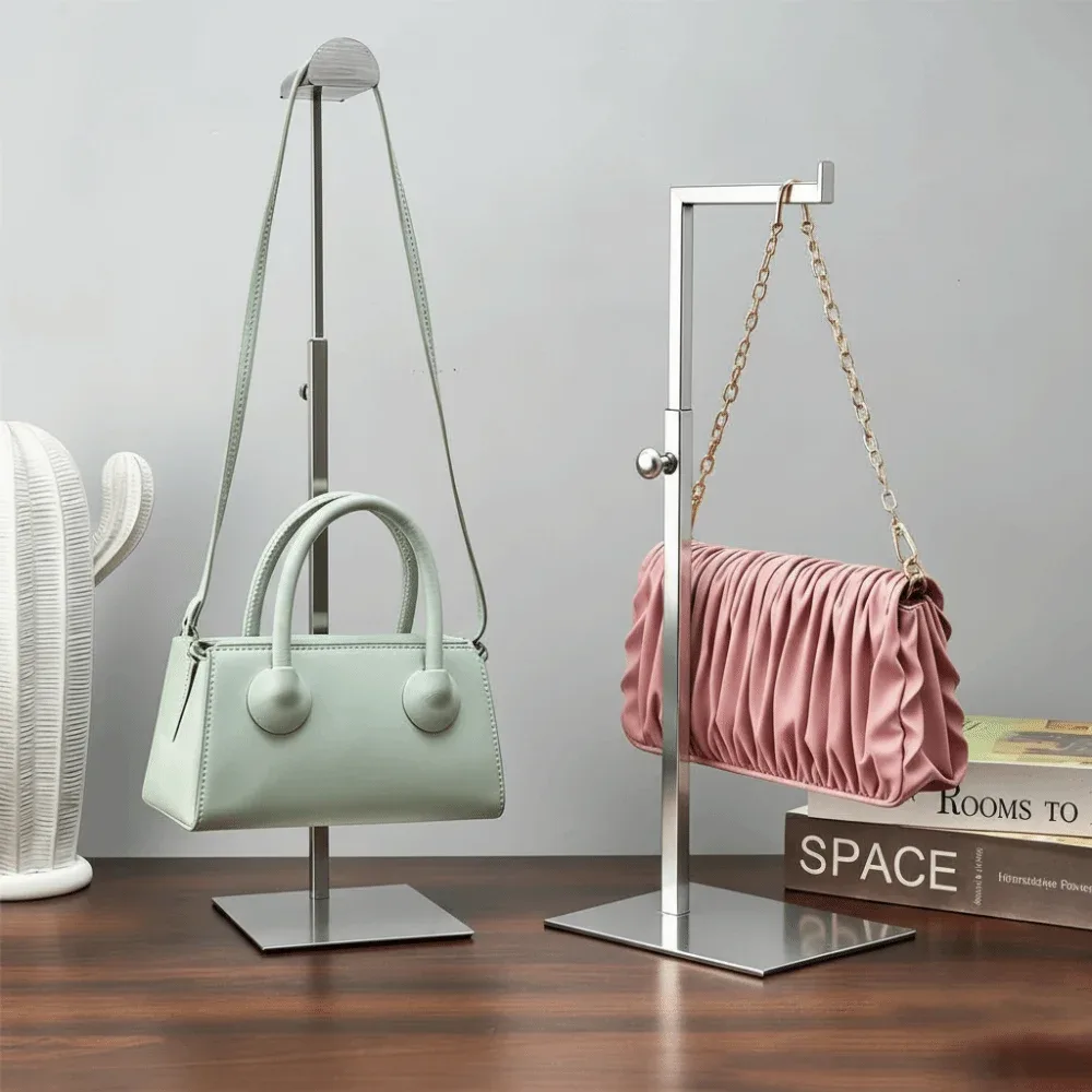 présentoir de sacs en acier inoxydable durable, réglable, doré/argenté, support pour portefeuilles, organisateur de bijoux poli, pour sacs de femmes
