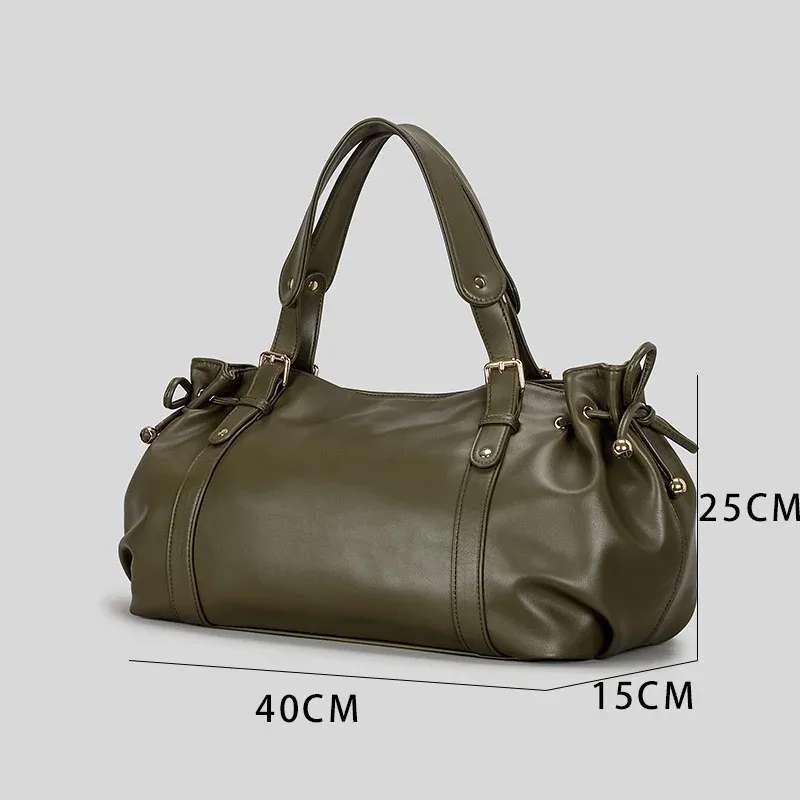 sac fourre-tout vintage en cuir souple plissé avec cordon de serrage, grand sac à bandoulière simple pour femme, sac de travail boston