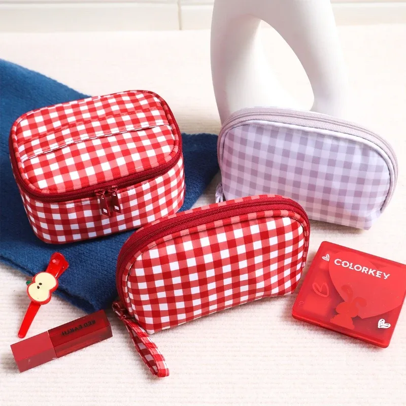sac à main mignon à carreaux rouges et violets pour femmes, trousse de maquillage portable de voyage, petite et grande trousse de toilette cosmétique avec fermeture éclair