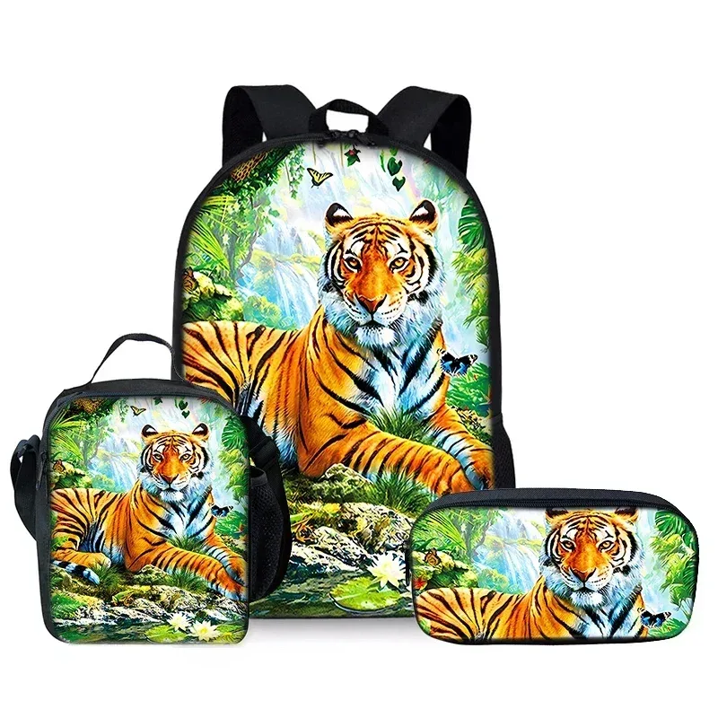 Sac Dos Oxford Université Polyester Tigres Scènes Naturelles Noirs Motifs Couleur Compartiment Ordinateur Portable Bandoulière Arquée Fermeture Éclair Étanche Voyage École