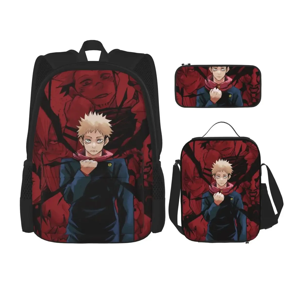 sac dos polyester noir motif animé format grand volume usage étudiant lycéen informatique bandes latérales pochette stylos sac main assorti