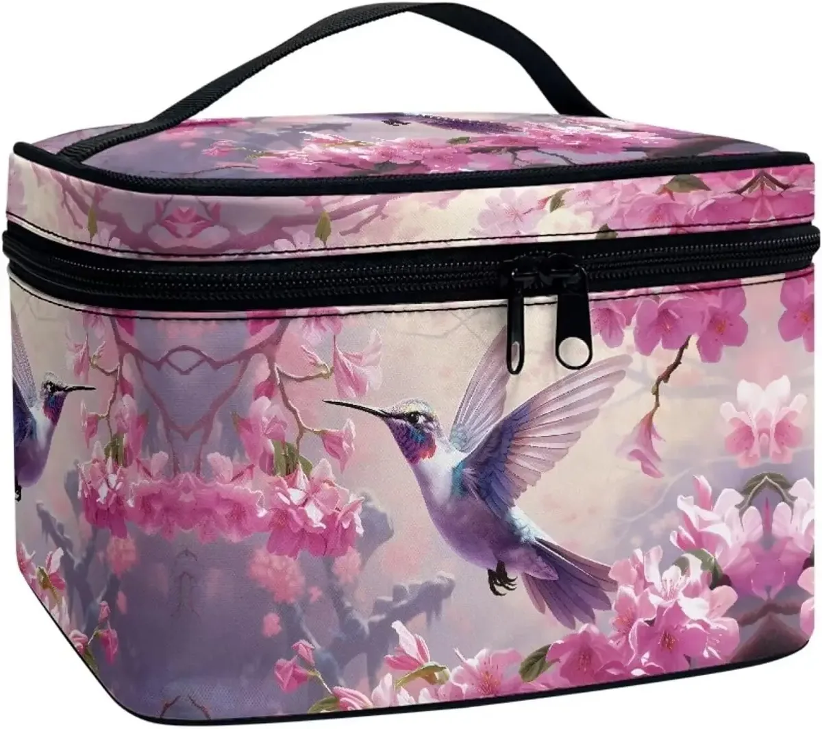 trousse polyester motif floral champignons poignée noire bleu jaune rouge vert voyage maquillage cosmétiques