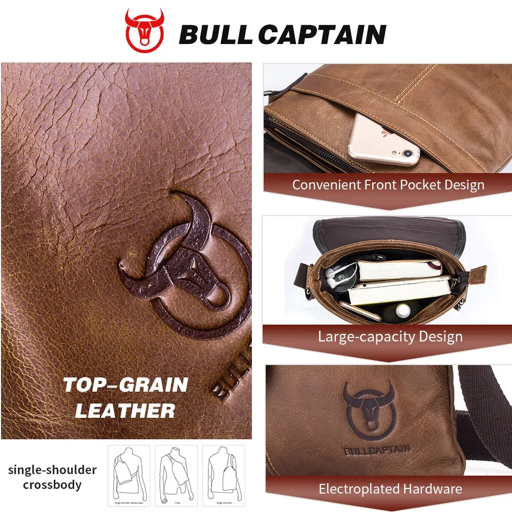 bullcaptain sac à bandoulière en cuir pour homme, décontracté, sportif, pour l'extérieur, en cuir souple de première qualité, tendance, petit sac plat pour affaires