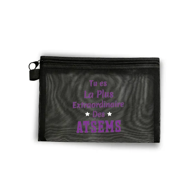 sac cosmétique en maille noire imprimé merci atsem, pochette de maquillage imperméable à fermeture éclair, cadeau de remerciement pour assistant d'enseignant préscolaire