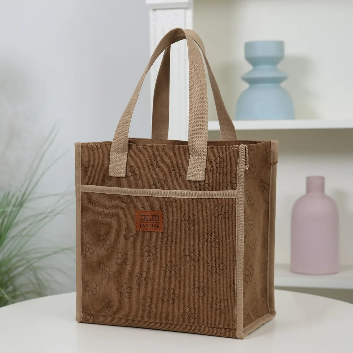 dliu, nouveau style, matière en velours côtelé, sac fourre-tout, sac à lunch, sac de rangement pour boîte à lunch, doublé de feuille d'aluminium, polyvalent pour les trajets quotidiens
