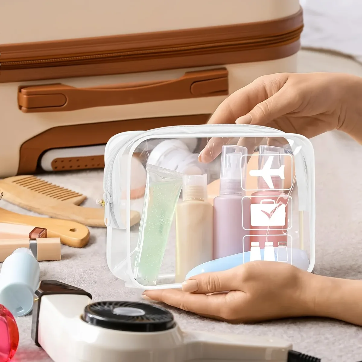 trousse de toilette transparente approuvée par tsa, organisateur de cosmétiques de maquillage de voyage en pvc durable avec fermeture à glissière, accessoire de voyage
