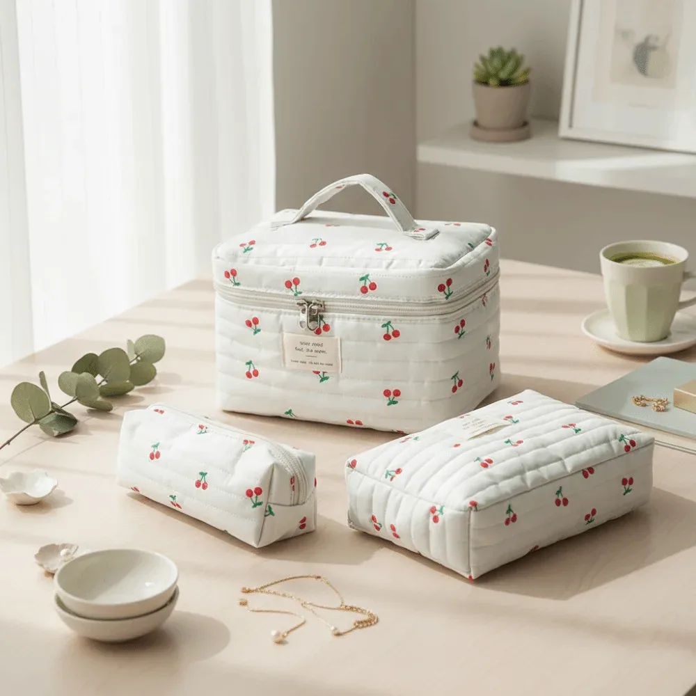 pochette à maquillage rétro à imprimé cerise, en coton matelassé, grande capacité, sac cosmétique mignon multifonctionnel, trousse de toilette, rangement pour maquillage