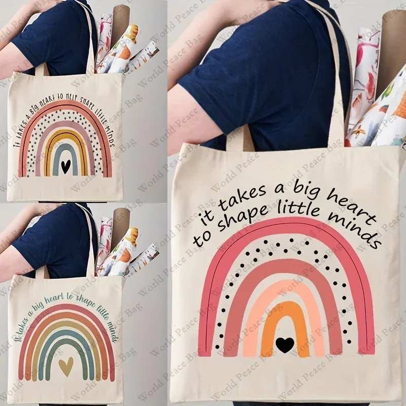 Sac fourre-tout à motif arc-en-ciel, sac à bandoulière en toile décontracté, sac fourre-tout de rangement pliable réutilisable, sac de courses, cadeau pour les enseignants