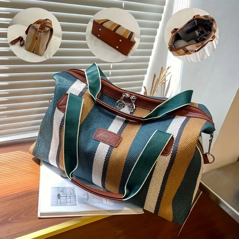 sac fourre-tout grande capacité en toile rayée tendance, sac à main de banlieue, sac de voyage, sac à bandoulière, sac à langer pour maman