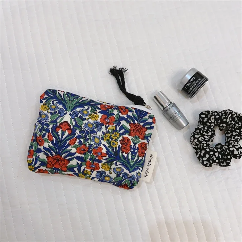porte-monnaie en coton imprimé floral frais d'été, mini sac de rangement en tissu, petit sac pour écouteurs, pochette de voyage pour cosmétiques, sac de rangement pour maquillage