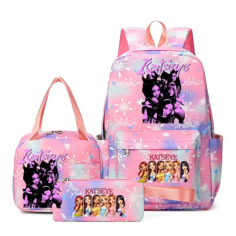 sacs à dos katseye à imprimé amusant, ensemble de 3 pièces, sacs d'école en nylon pour ordinateur portable pour femmes, pour adolescentes, garçons, étudiants, enfants, kawaii