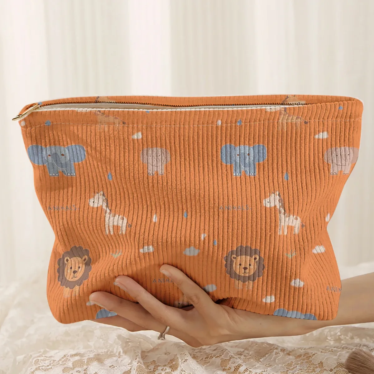 1. trousse de maquillage en velours côtelé à motifs animaliers, boîte de rangement légère à fermeture éclair, sac multifonctionnel avec doublure