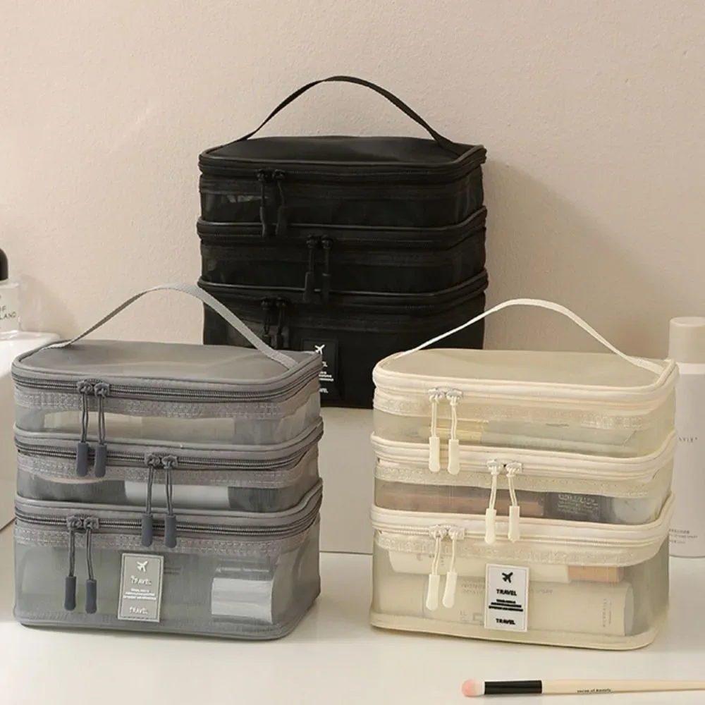 sacs à cosmétiques en maille à fermeture éclair, sac de rangement transparent à double couche 1/2/3 couches, pochette de lavage multifonctionnelle, sac de maquillage en perspective