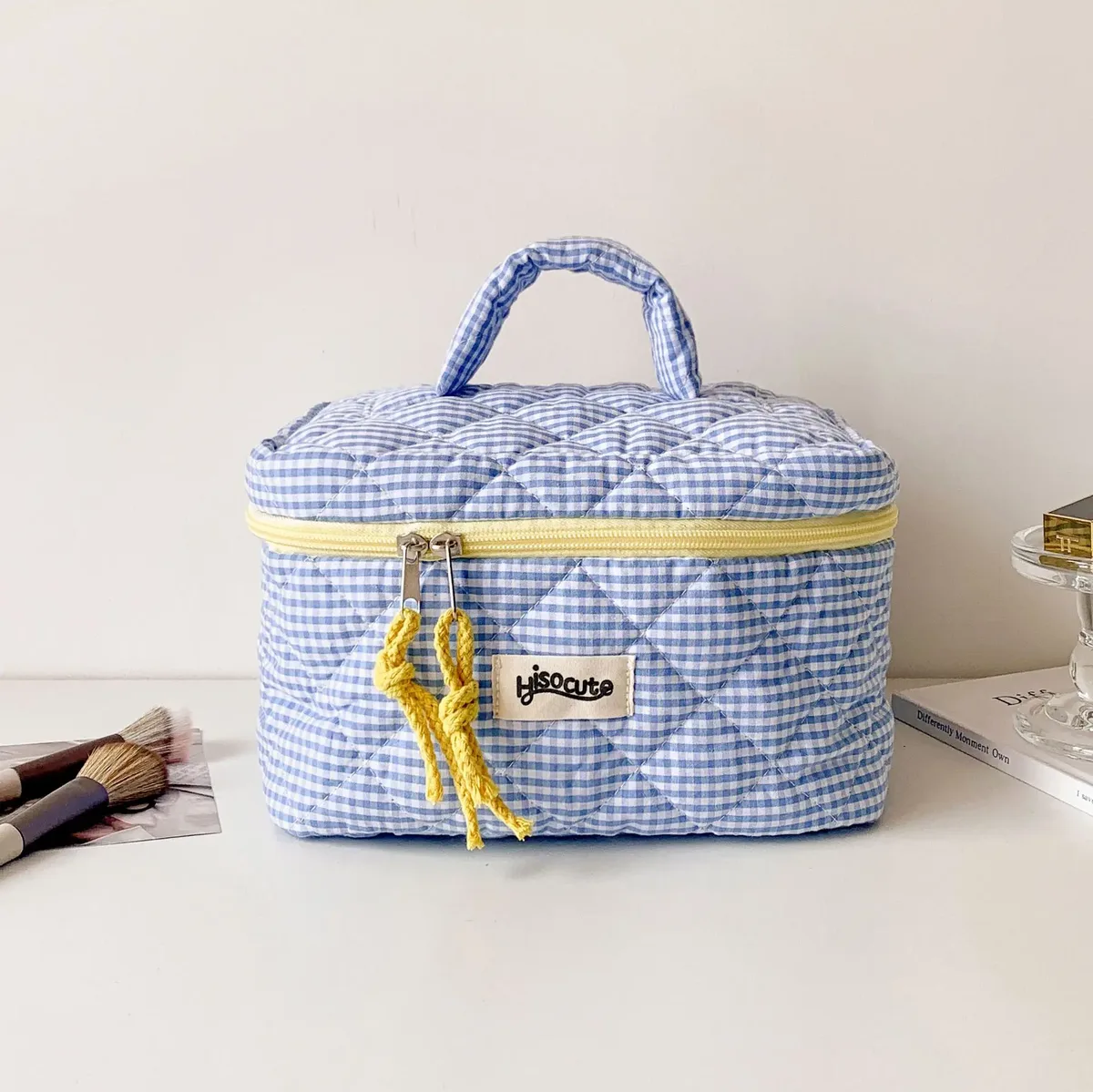 Trousse Polyester Rayé Carreaux Bleu Blanc Trousse Toilette Maquillage Voyage Beauté Cosmétiques Portable Salle Bains