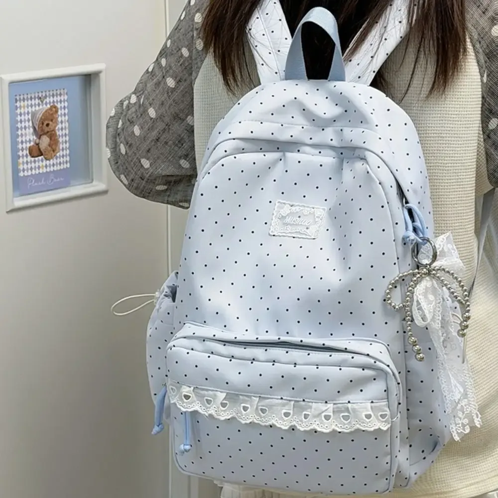 sac à dos tendance à pois, grande capacité, design avec nœud, bordure en dentelle, sac à dos minimaliste et durable pour étudiants, cadeau idéal.