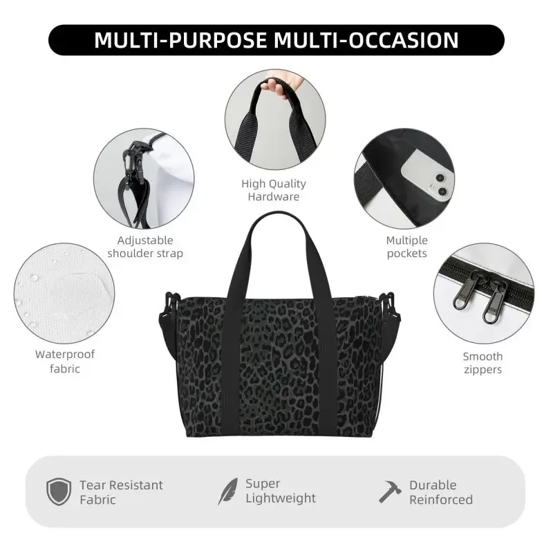 sac de voyage imprimé léopard noir, grands sacs de nuit imperméables pour week-end avec bandoulière, sac de sport pliable
