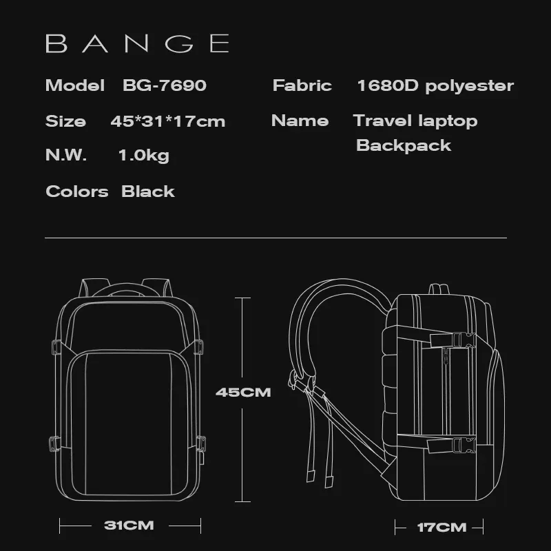 sac dos tpu polyester noir grande capacité rechargeable usb poignée souple bandoulière arquée fermeture éclair usage voyage décontracté
