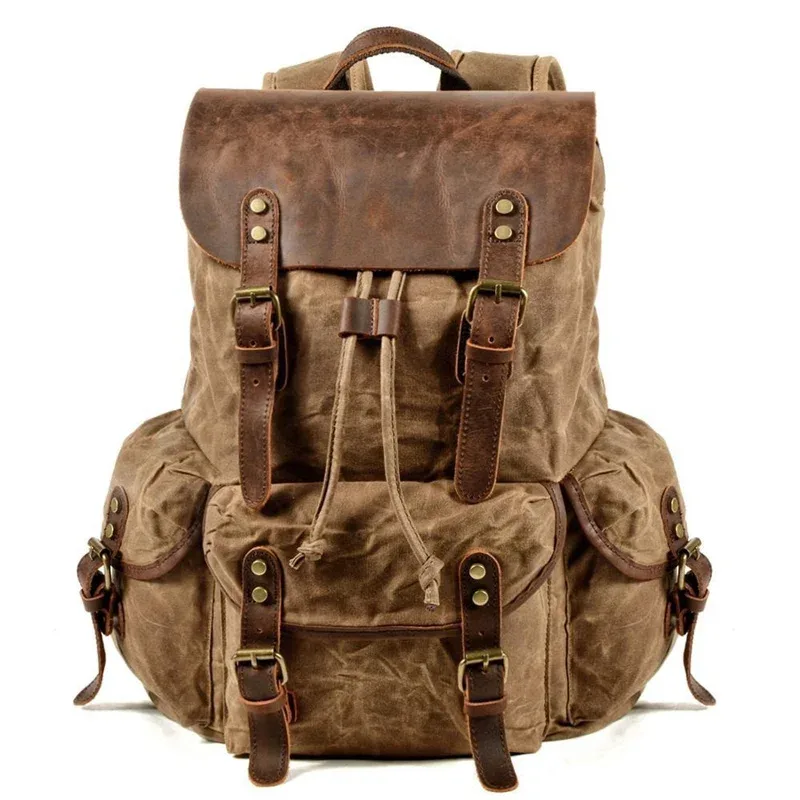 sac à dos nesitu en cuir véritable et toile cirée, pour ordinateur portable a4, coloris kaki, noir, gris, vert, pour hommes et femmes, idéal pour la randonnée et les voyages, sac de sport m6105