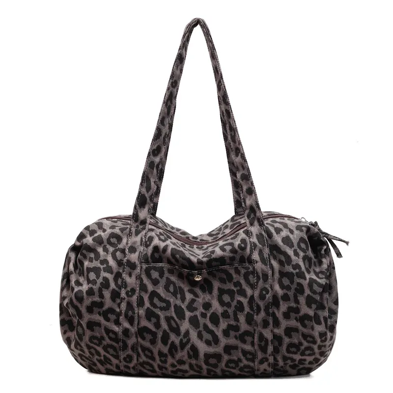 sac à bandoulière en toile imprimé léopard, grande capacité, fourre-tout à poignée pour les déplacements quotidiens, sacs de rangement à texture polyvalente