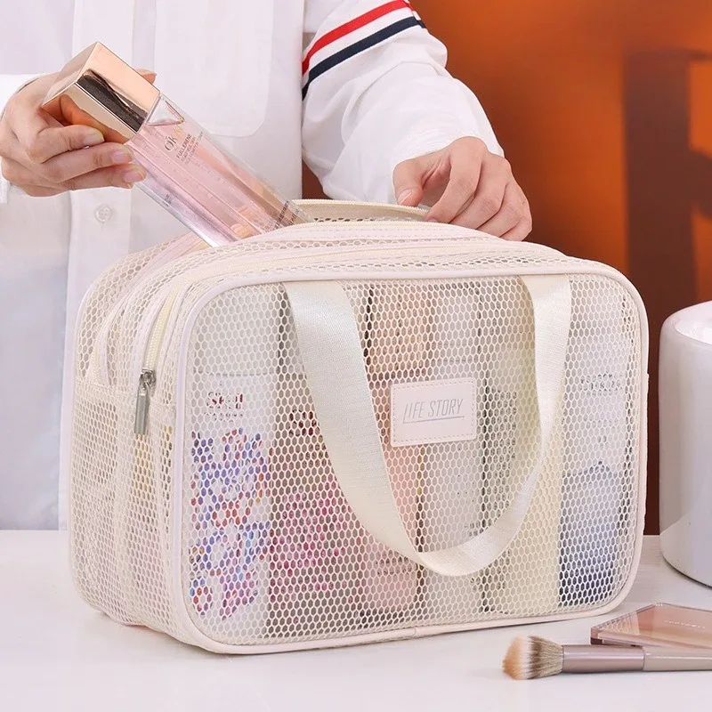 sac de maquillage de voyage en maille double couche, pochette cosmétique à grande capacité, organisateur pliable pour les articles de toilette des femmes en vacances