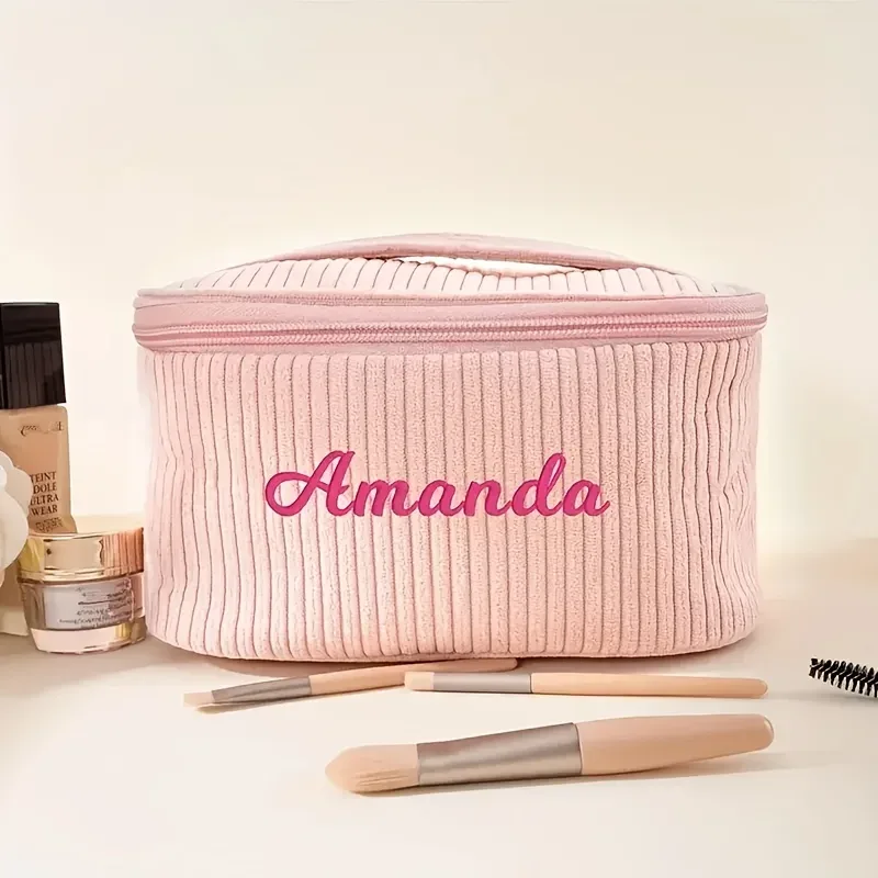 trousse de maquillage en velours côtelé, grande capacité, trousse de toilette de voyage, broderie personnalisée avec nom, sac de toilette pour femmes, organisateur portable