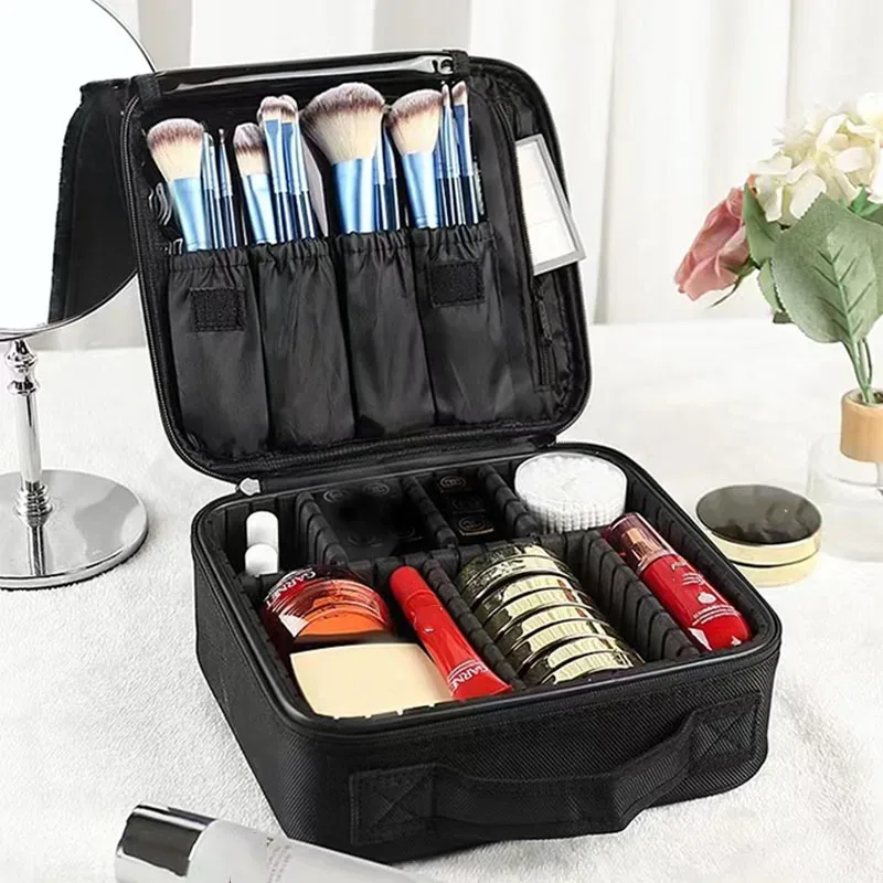 trousse de maquillage professionnelle portable avec diviseurs ajustables et compartiment pour pinceaux – organisateur de cosmétiques pour artistes