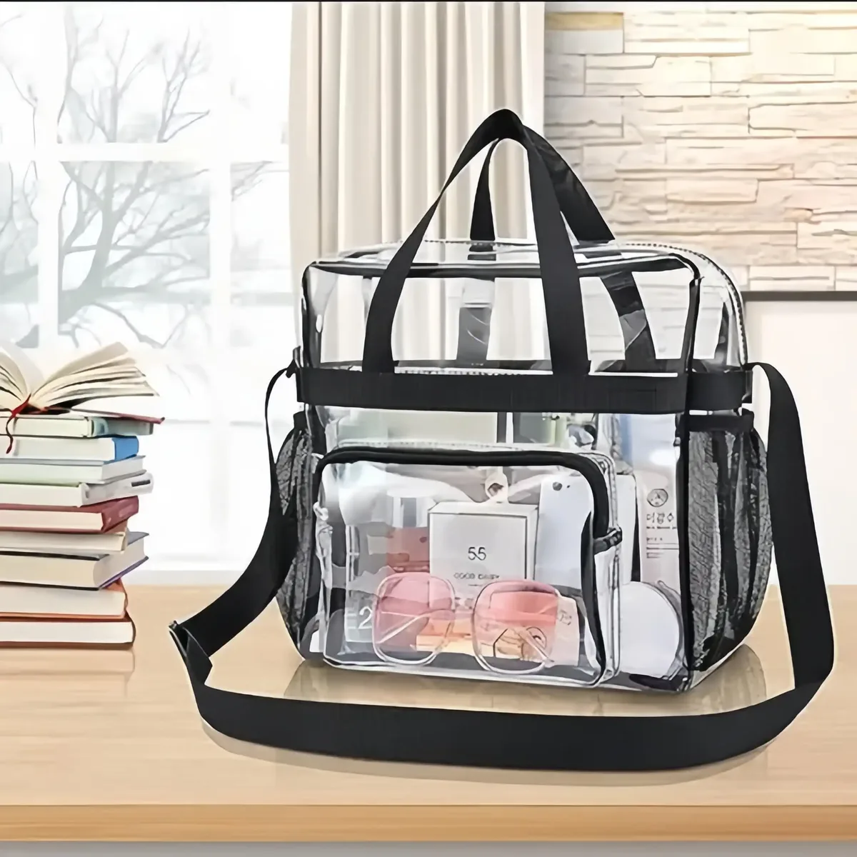 sac fourre-tout transparent en plastique robuste, bandoulière avec poches zippées, passe la sécurité des stades, livraison rapide, pour femmes, travail, concerts