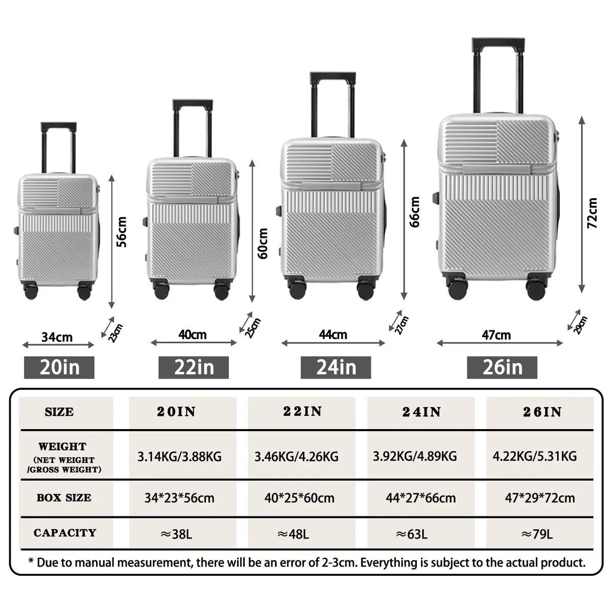 valise multifonctionnelle à ouverture frontale avec fermeture éclair, porte-gobelet, support latéral et crochet de maintien, bagage à roulettes