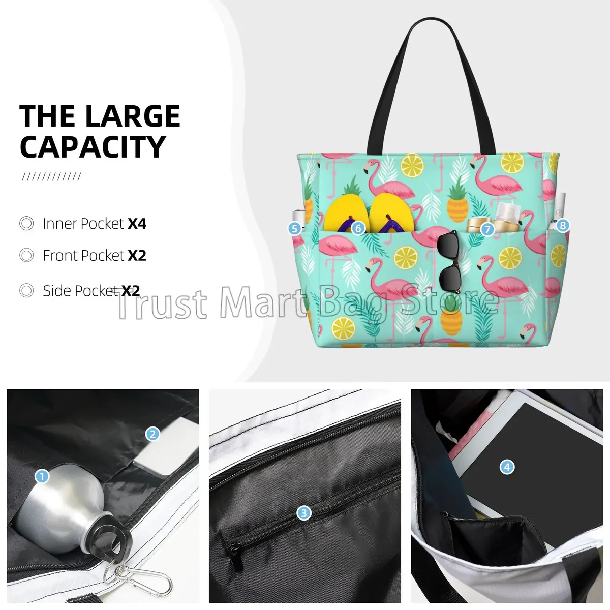 grand sac fourre-tout de plage imprimé flamant rose pour femmes, sac de voyage portable, sac de piscine étanche et résistant au sable pour la natation, la salle de sport, les vacances d'épicerie