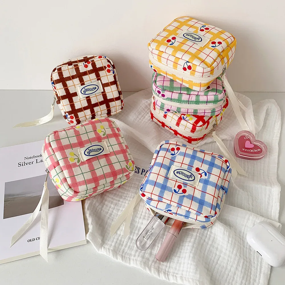 sacs de maquillage pour femmes, sacs à cosmétiques japonais à carreaux cerise dopamine doux kawaii, sac de rangement portable multifonctionnel pour filles