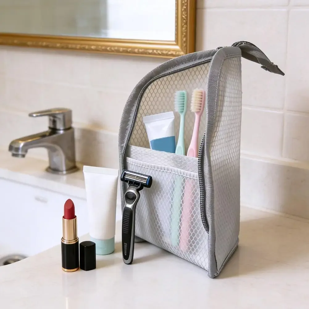 trousse de toilette portable en tissu maillé, légère, pliable, à suspendre, pour brosse à dents et voyages