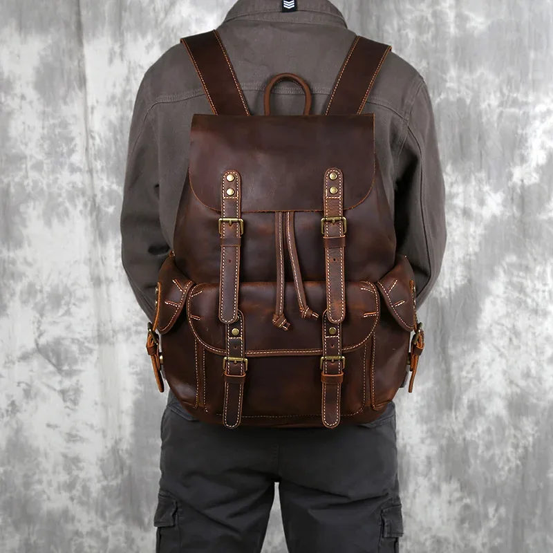 sac à dos rétro en cuir de cheval fou pour hommes, avec couche supérieure en cuir de vache, sac d'école de grande capacité, sac d'ordinateur portable, nzpj