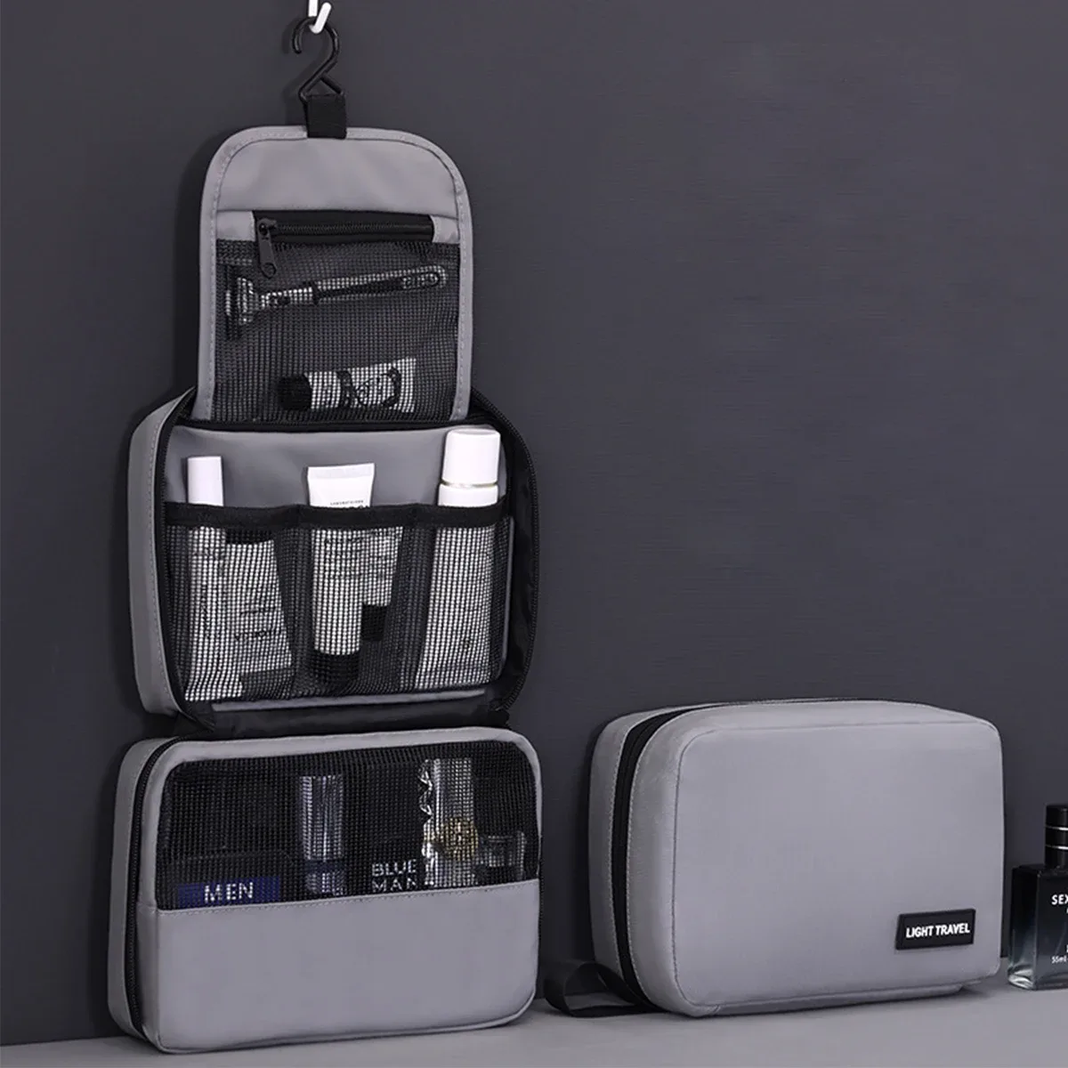trousse de toilette pliable pour hommes, voyage d'affaires, plusieurs poches, étuis de maquillage cosmétiques, organisateur de rangement suspendu, sac de lavage