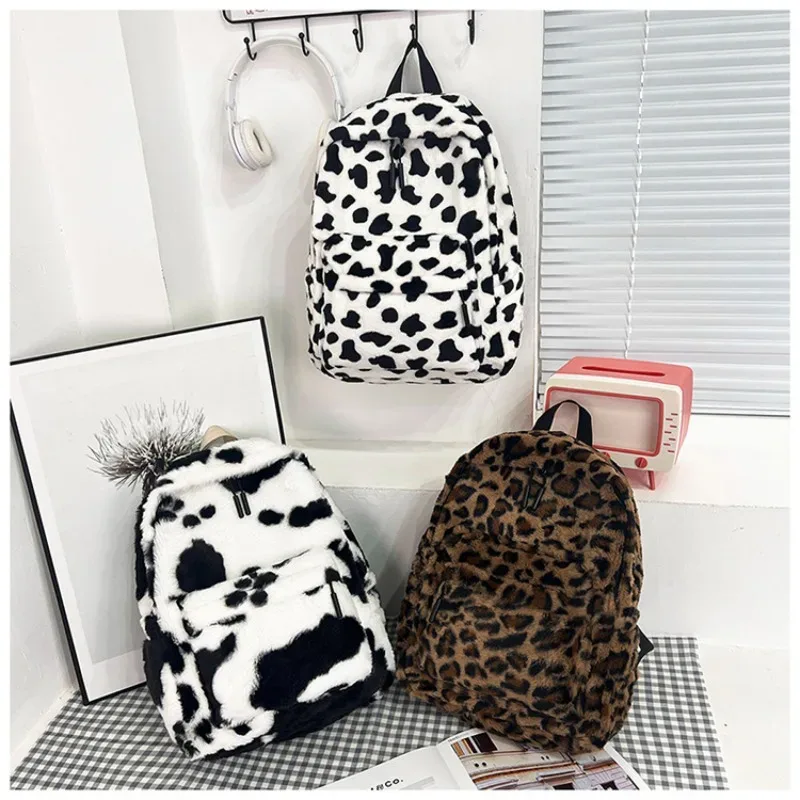 sac à dos léopard en peluche, sac d'école pour adolescents, grande capacité, mode étudiants, sac à dos élégant à bandoulière, voyage en plein air 2025