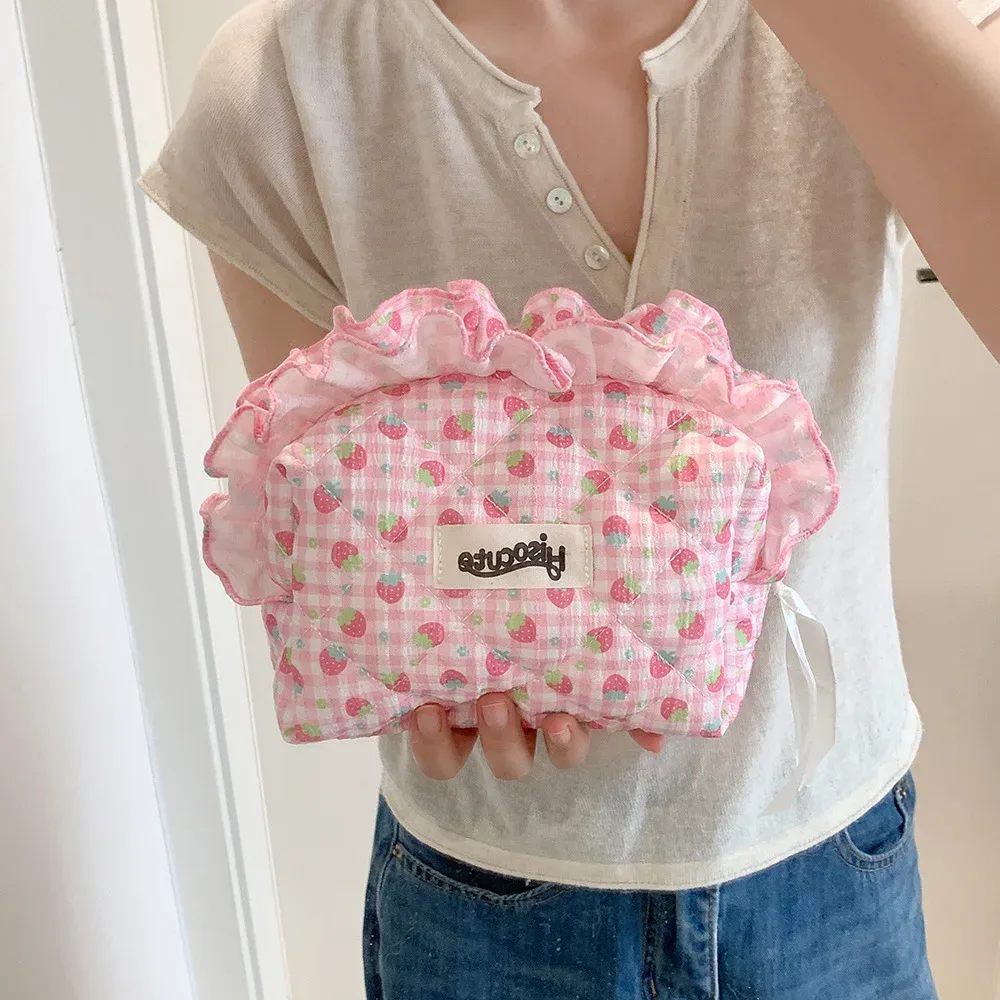 sac de rangement pour cosmétiques matelassé avec nœud et volants, grande capacité, en polyester et coton, organiseurs de maquillage pour femmes et filles, idéal pour les voyages