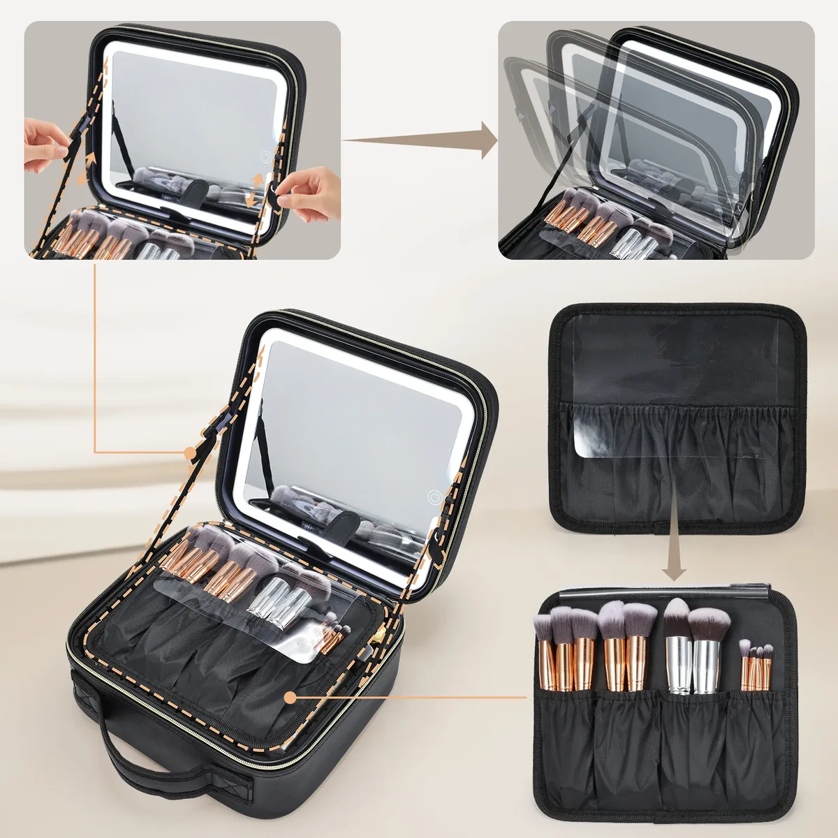 trousse de maquillage avec miroir led, 3 modes d'éclairage, trousse de maquillage avec miroir de vanité avec lumières, trousse de maquillage de voyage avec miroir éclairé