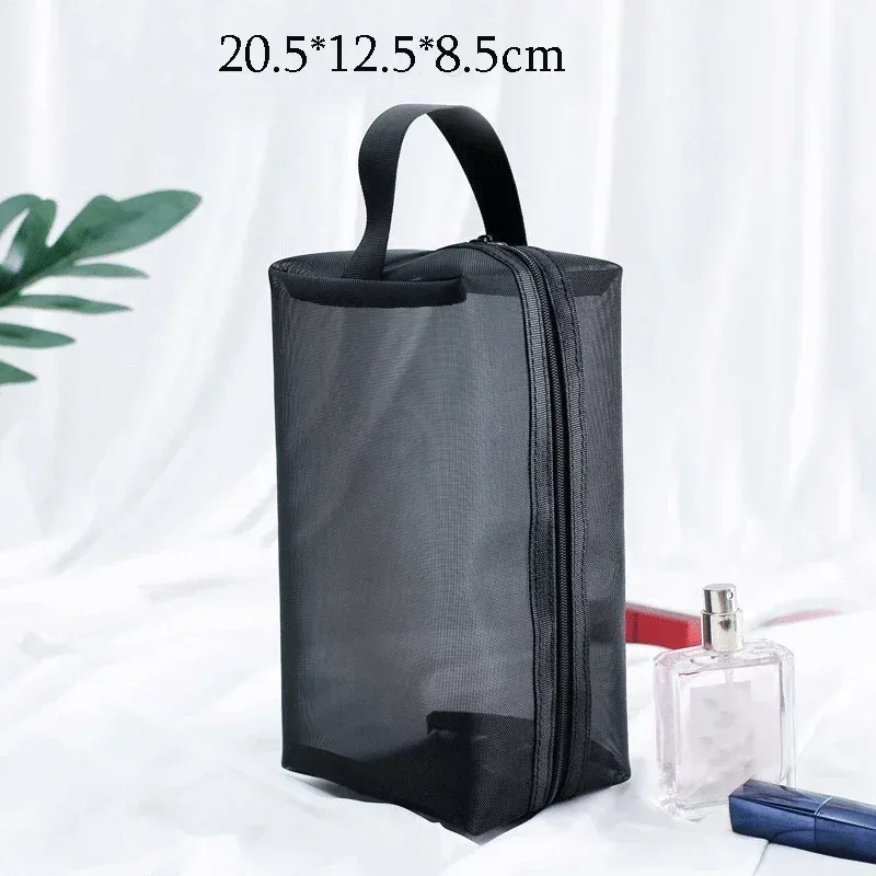 trousse de maquillage en maille noire pour femme, sac à cosmétiques transparent, petits et grands sacs de rangement portables, articles de toilette de voyage, évaluateurs de serviettes
