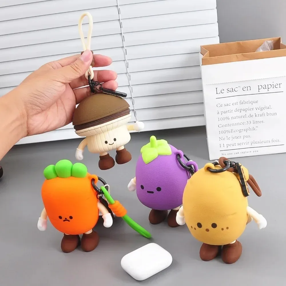 porte-monnaie en silicone kawaii en forme de légumes, mignonnes pochettes carotte et champignon, porte-clés, étui pour écouteurs, accessoires organisateurs pour sacs à dos pour femmes