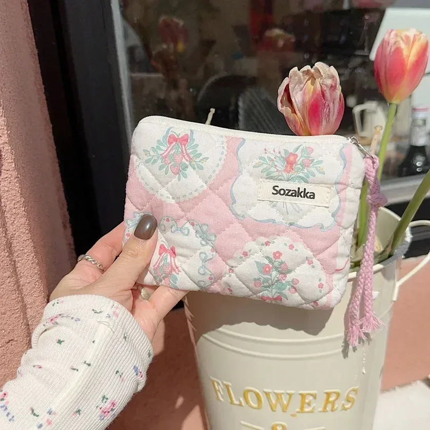 sac de maquillage en coton doux à motif floral, fermeture éclair, rangement pour rouge à lèvres, nœuds, sac cosmétique, trousse de toilette, pochette multifonctionnelle, porte-monnaie
