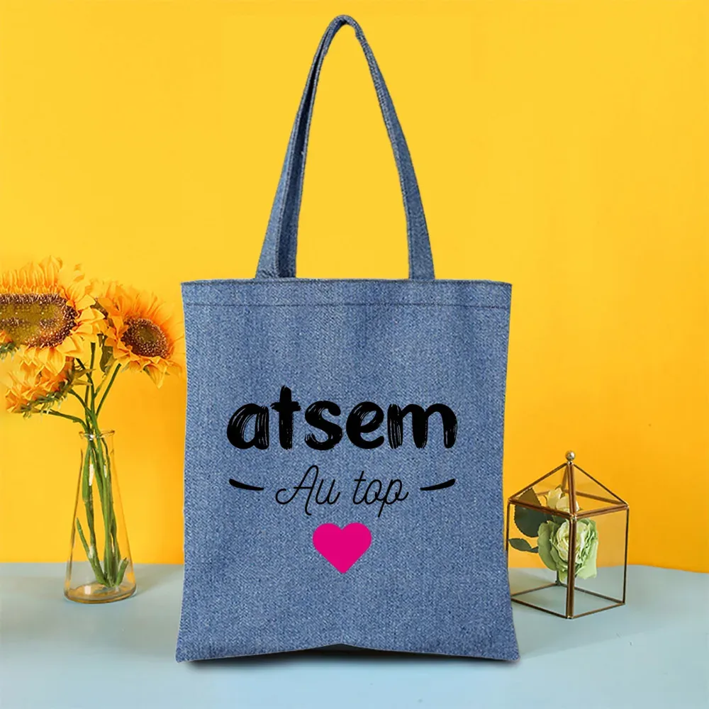 sac fourre-tout en jean imprimé super atsem maitresse, sacs de shopping pour femme, sacs de voyage, cadeau de remerciement pour la fête des enseignants et les diplômés