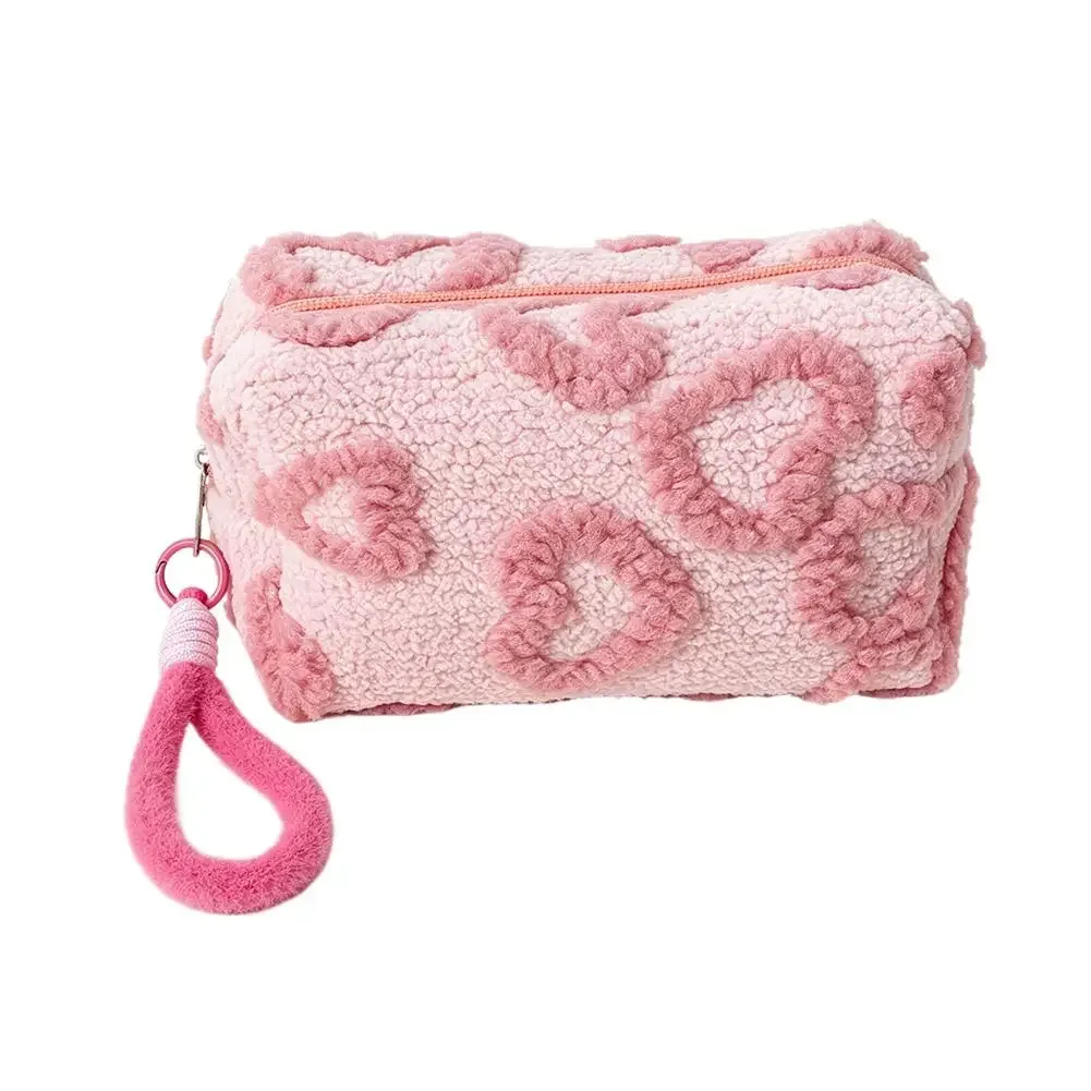 pochette de maquillage kawaii moelleuse avec dragonne, motif cœur, trousse de toilette de voyage, sac de rangement pour cosmétiques et beauté
