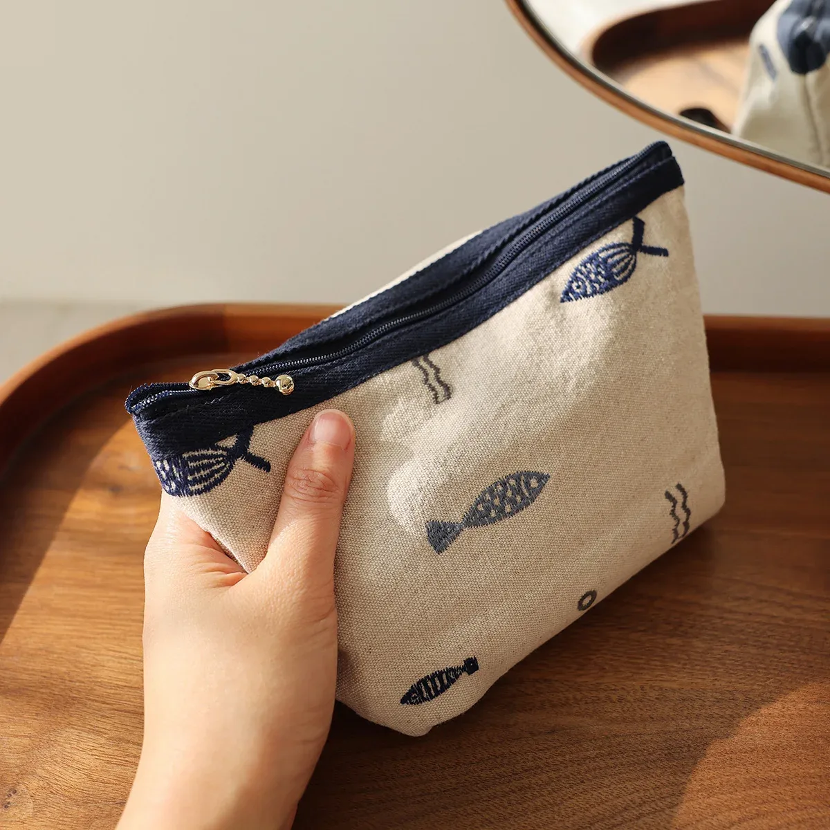 trousse de maquillage brodé style ethnique, sac de rangement simple et portable avec fermeture éclair, sac à main artisanal de taille moyenne