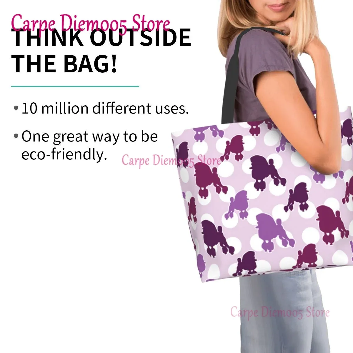 sac fourre-tout grande capacité pour femme, sac à provisions pour femme, sac à pois violets, sac à provisions pour femme